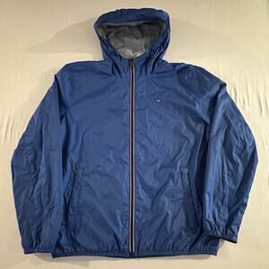 Vintage Tommy Hilfiger 100% Nylon Blue Windbreaker W/Hood ZIP Pockets SZ Large
